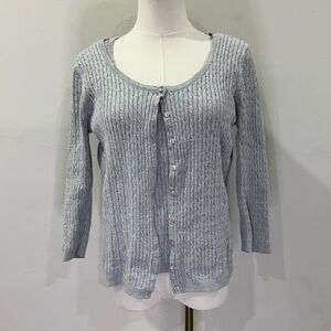 Jeanne Pierre Gray Cable Knit Cotton Twin Set | 3/4 Sleeve Cardigan & Shell